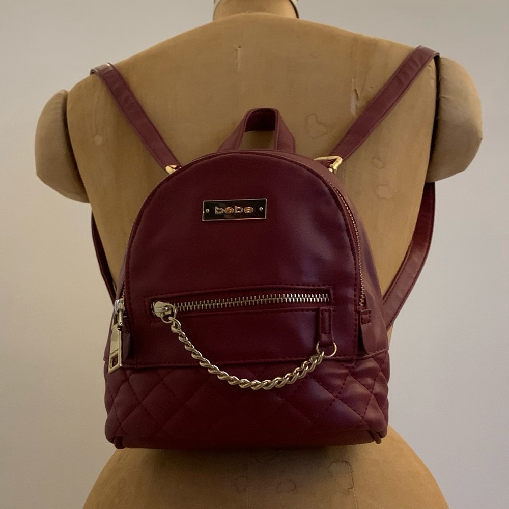 Bebe Maroon Mini Backpack Quilted Silver Chain